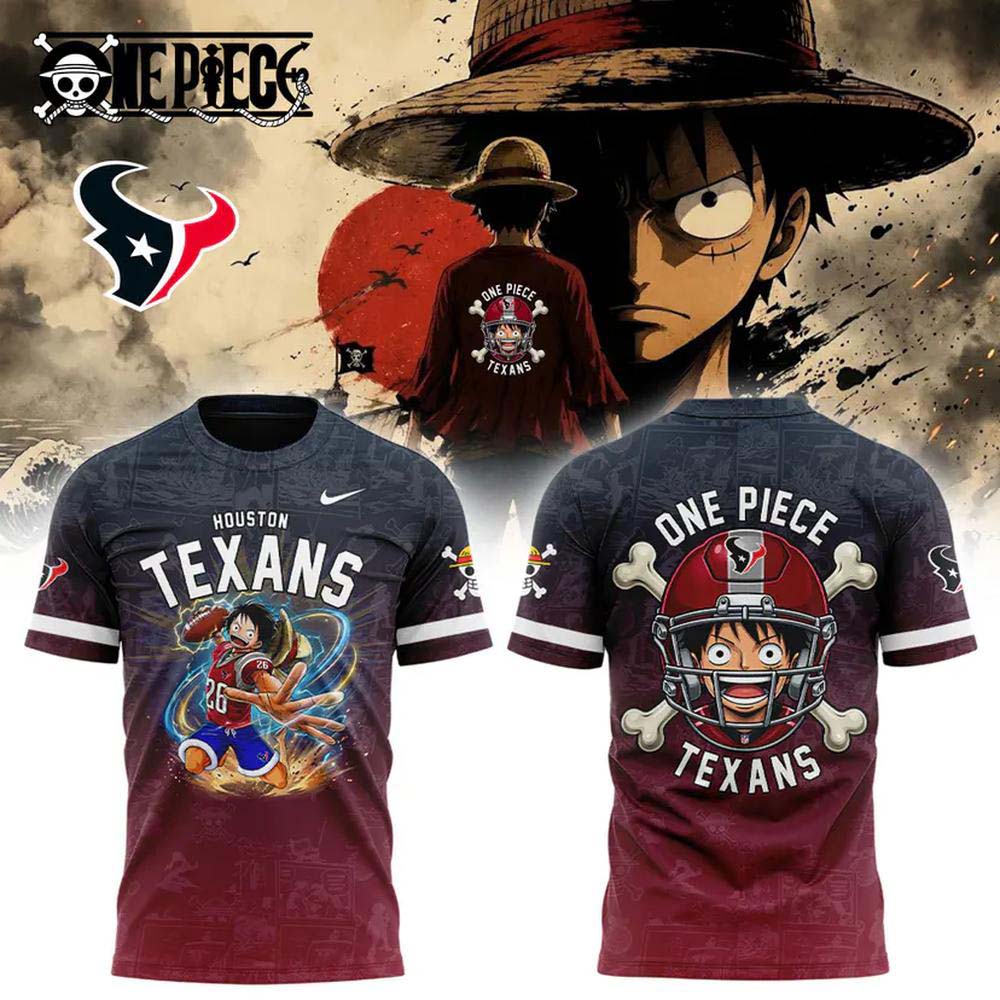 Houston Texans x One Piece 2026 Navy Red Luffy Pirate Football Graphic T Shirt