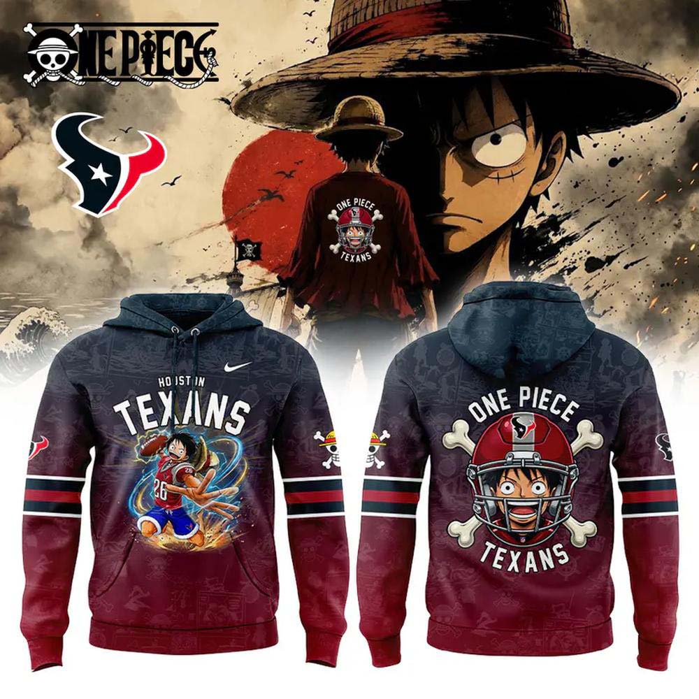 Houston Texans x One Piece 2026 Navy Red Luffy Pirate Football Pullover Hoodie