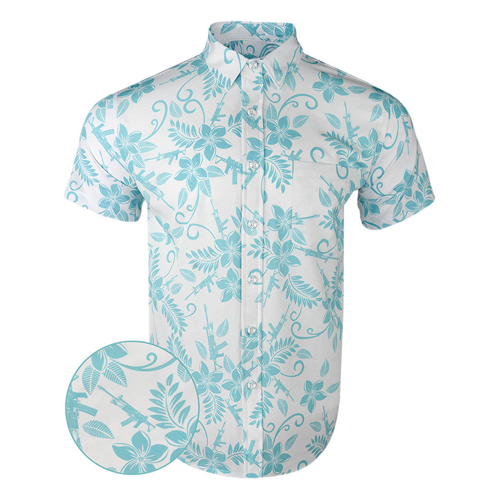 Hula White Mint Button Down Shirt Tactical Tropical Print Shirt Birthday Present For Husband
