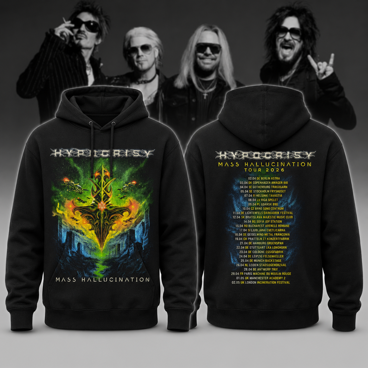 Hypocrisy Mass Hallucination Tour 2026 Black Graphic Hoodie for Death Metal Fans
