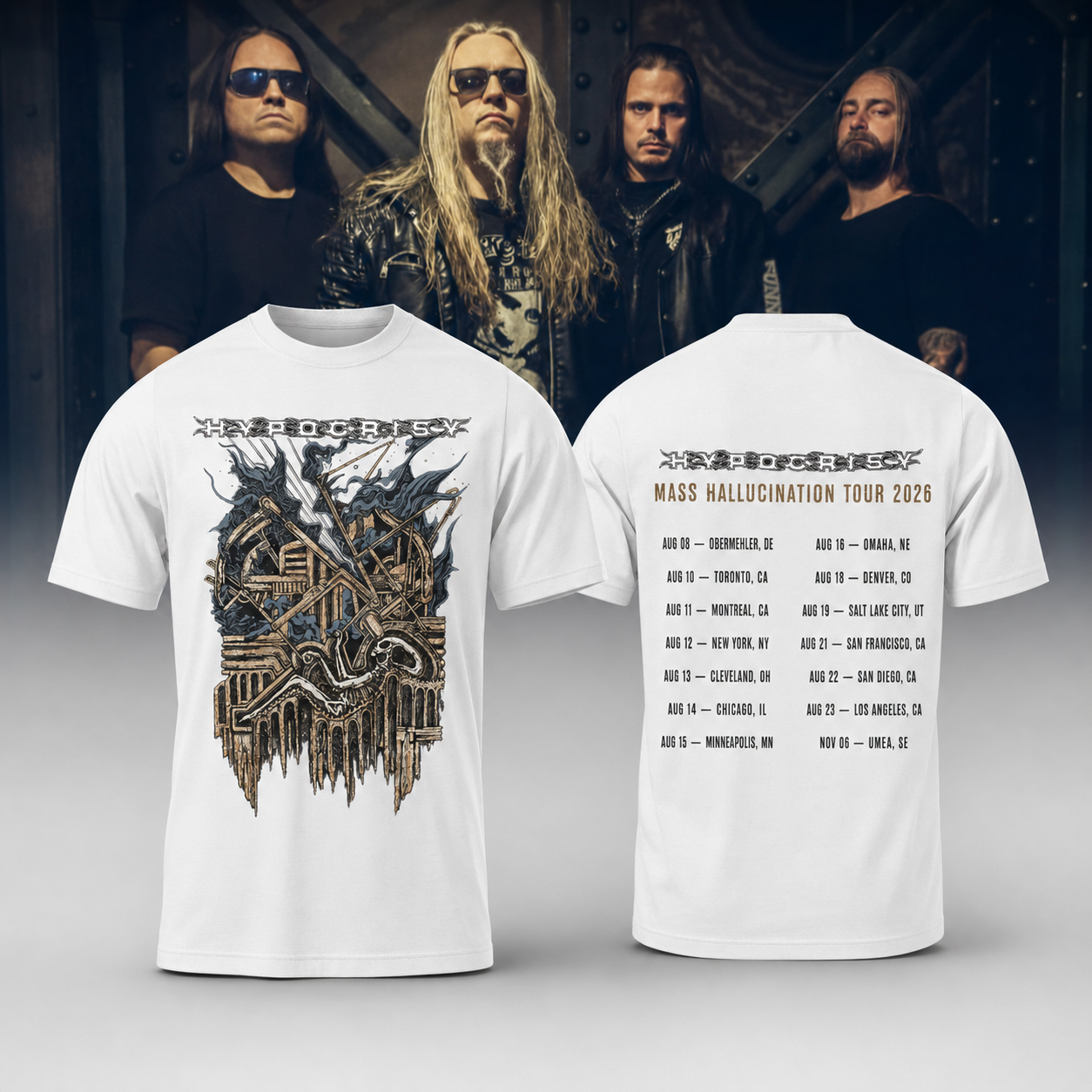 Hypocrisy Mass Hallucination Tour 2026 White Graphic T-Shirt - Death Metal Fan Gift