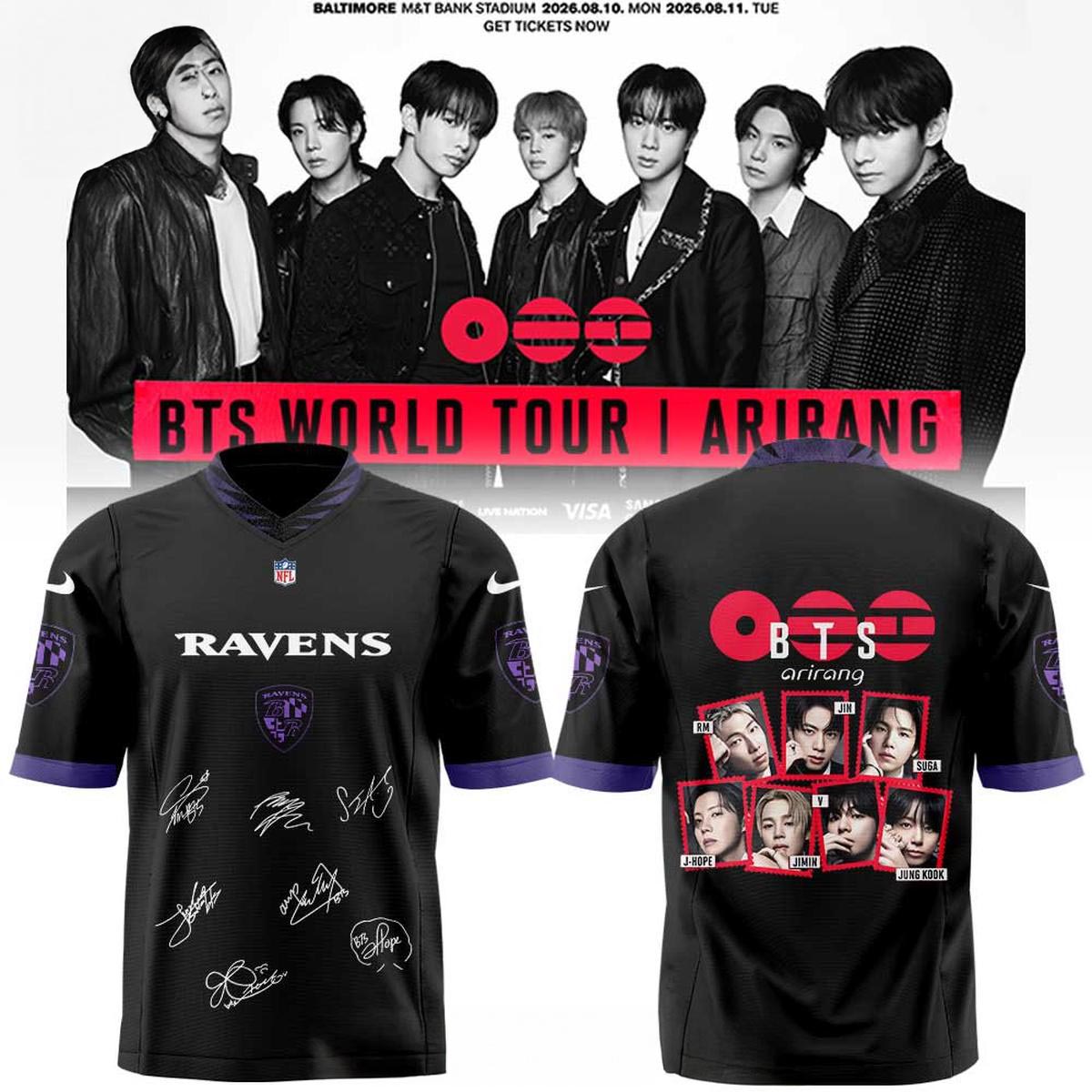 Baltimore Ravens x BTS 2026 Arirang World Tour Custom Football Jersey KPop NFL Music Fan Sports Apparel 1 - Unicasport Baltimore Ravens x BTS 2026 Arirang World Tour Custom Football Jersey KPop NFL Music Fan Sports Apparel