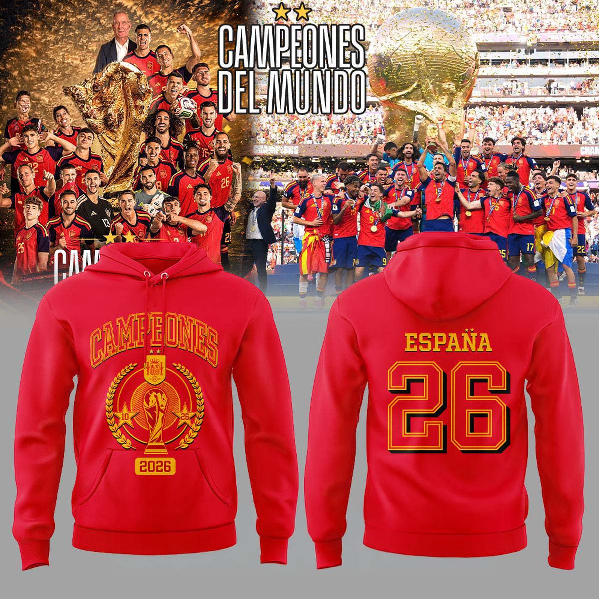 Spain World Cup Champions 2026 CAMPEONES DEL MUNDO Red Hoodie