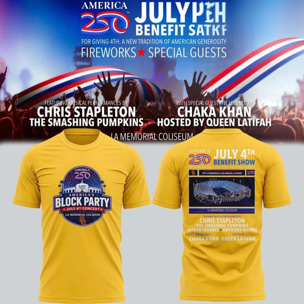 Trojans x America250 July 4th Benefit Show 2026 Yellow Graphic Tee - Patriotic Gift Idea for Fans