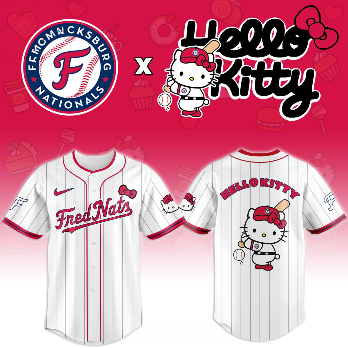 Fredericksburg Nationals x Hello Kitty Classic Striped 2026 Night MiLB Game Jersey Baseball Character Fan Apparel 1 - Unicasport Fredericksburg Nationals x Hello Kitty Classic Striped 2026 Night MiLB Game Jersey Baseball Character Fan Apparel