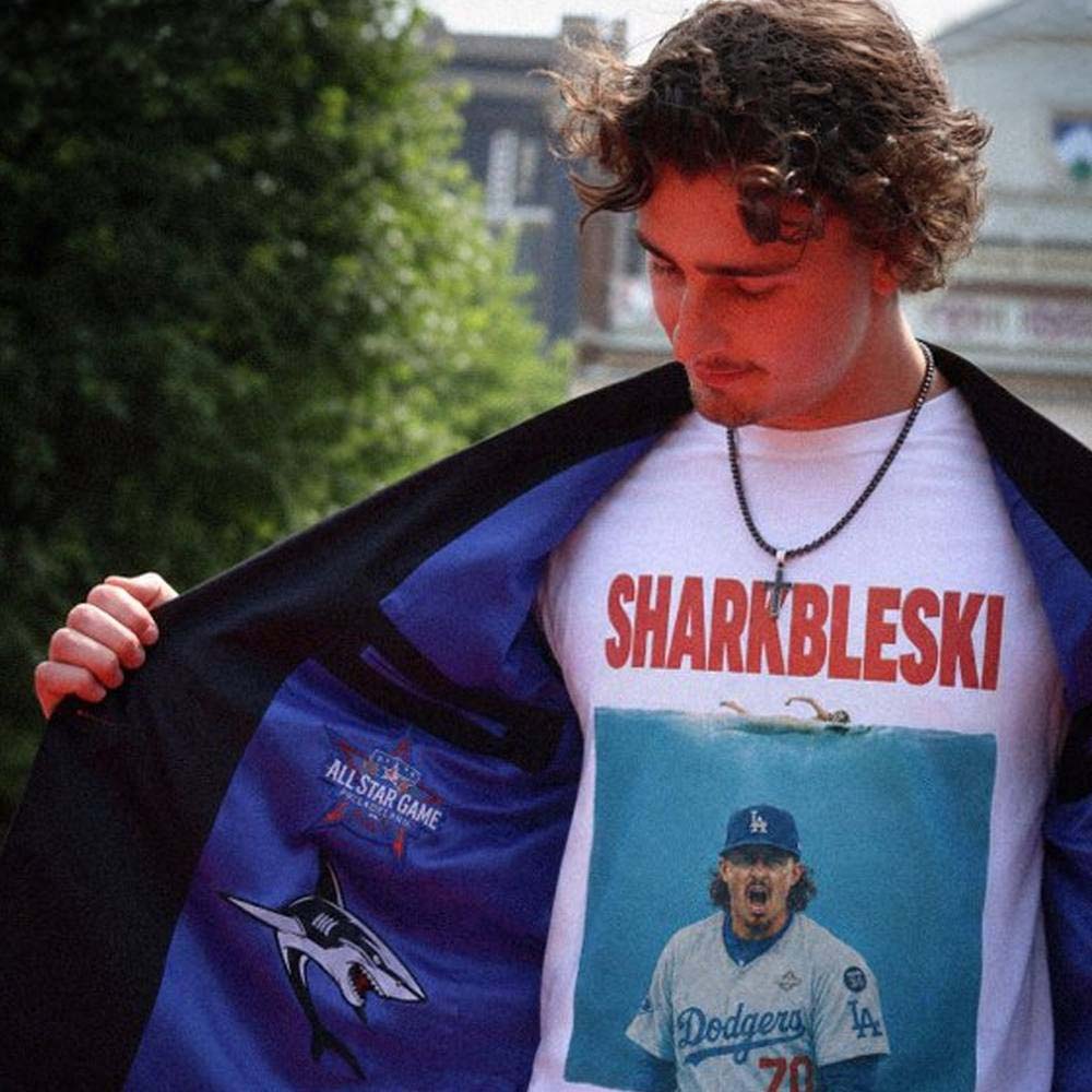 Justin Wrobleski Dodgers Sharkbleski Graphic T-Shirt - Unique Baseball Fan Gift Idea