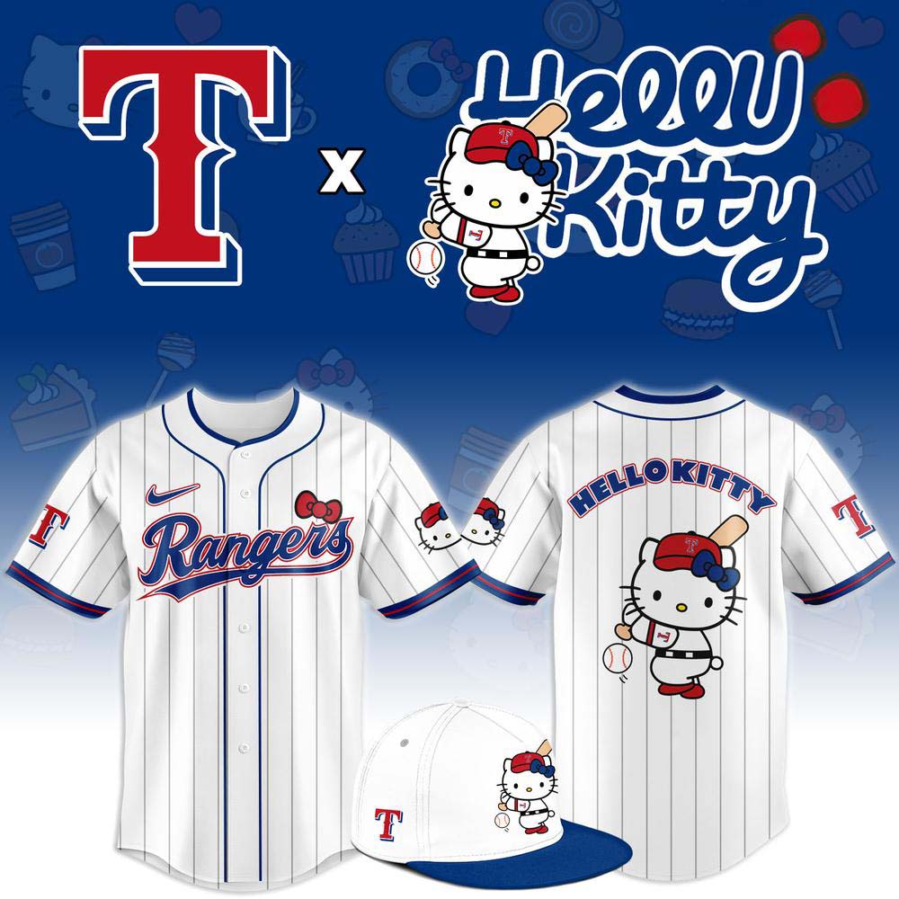 Texas Rangers x Hello Kitty Pinstripe Limited Edition Baseball Jersey 1 - Unicasport Texas Rangers x Hello Kitty Pinstripe Limited Edition Baseball Jersey