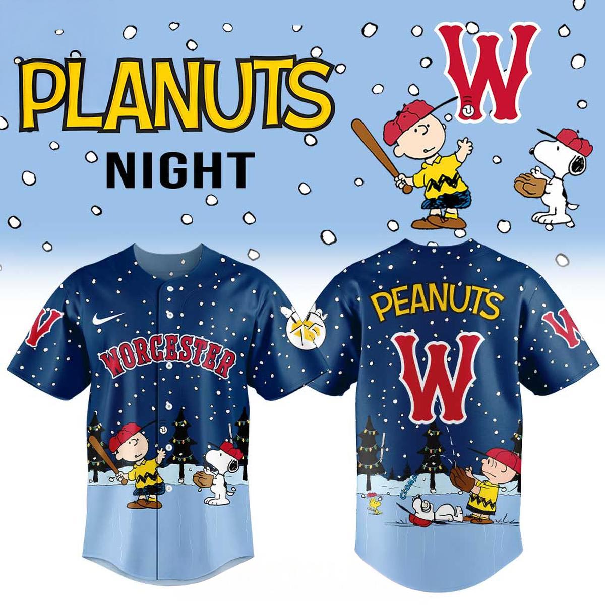 Worcester Red Sox Peanuts Night 2026 Christmas Snowy Baseball Jersey Holiday Fan Apparel 1 - Unicasport Worcester Red Sox Peanuts Night 2026 Christmas Snowy Baseball Jersey Holiday Fan Apparel