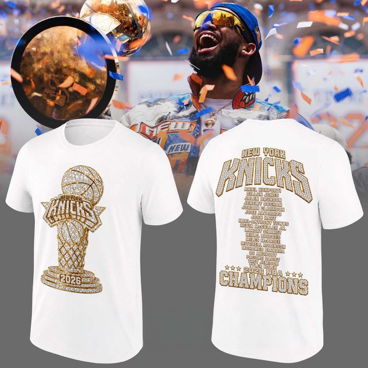 New York Knicks 2026 NBA Finals Champions Trophy White Graphic T-Shirt - Best Gift for Fans