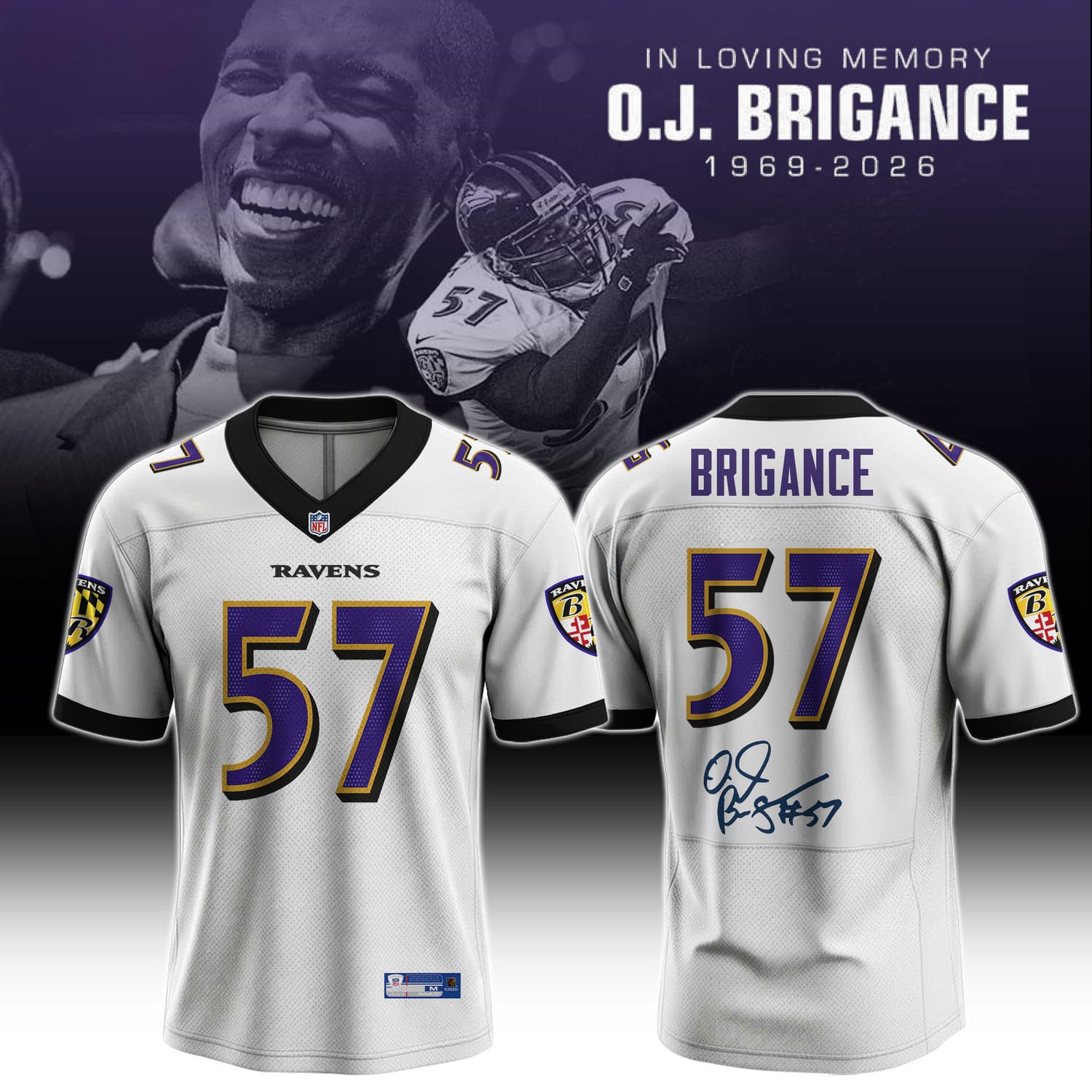 OJ Brigance 57 In Loving Memory White Memorial Football Jersey Tribute Apparel