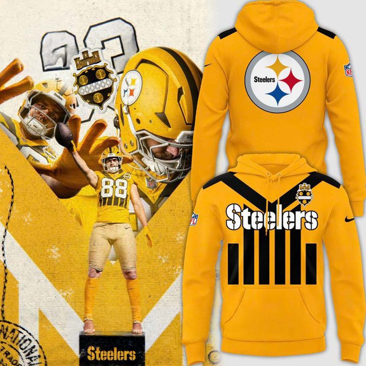 Pittsburgh Steelers Retro Throwback Yellow Fleece Hoodie Gift Idea for Football Fans