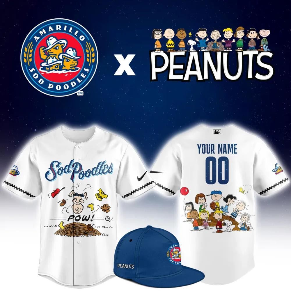 Amarillo Sod Poodles x Peanuts Night Custom Baseball Jersey MiLB Cartoon Theme Night Fan Sports Apparel 1 - Unicasport Amarillo Sod Poodles x Peanuts Night Custom Baseball Jersey MiLB Cartoon Theme Night Fan Sports Apparel