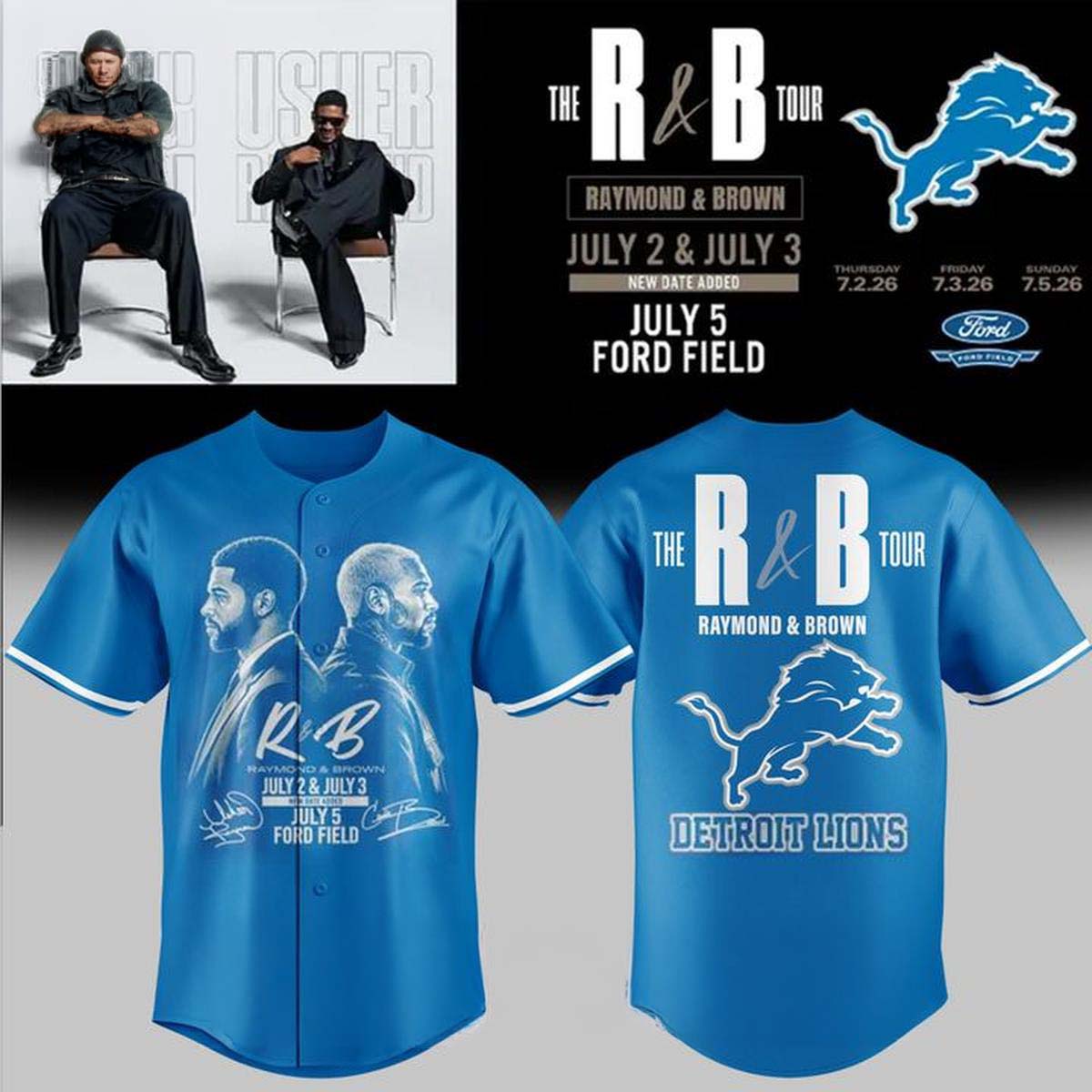 Usher Raymond x Chris Brown The RB Tour 2026 Detroit Lions Baseball Jersey - Best Gift for Fans