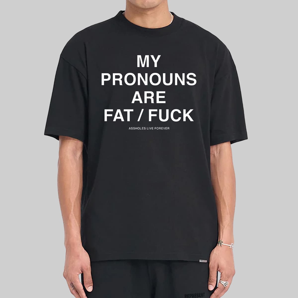 My Pronouns Are Fat Fuck Funny Bold Statement Graphic Tee Viral Humor Shirt Gift for Adults