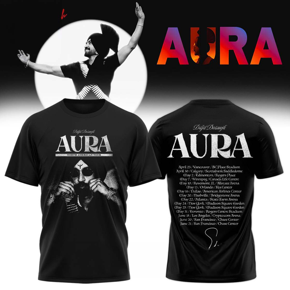 Diljit Dosanjh AURA World Tour North American Black T-Shirt - Best Gift for Fans