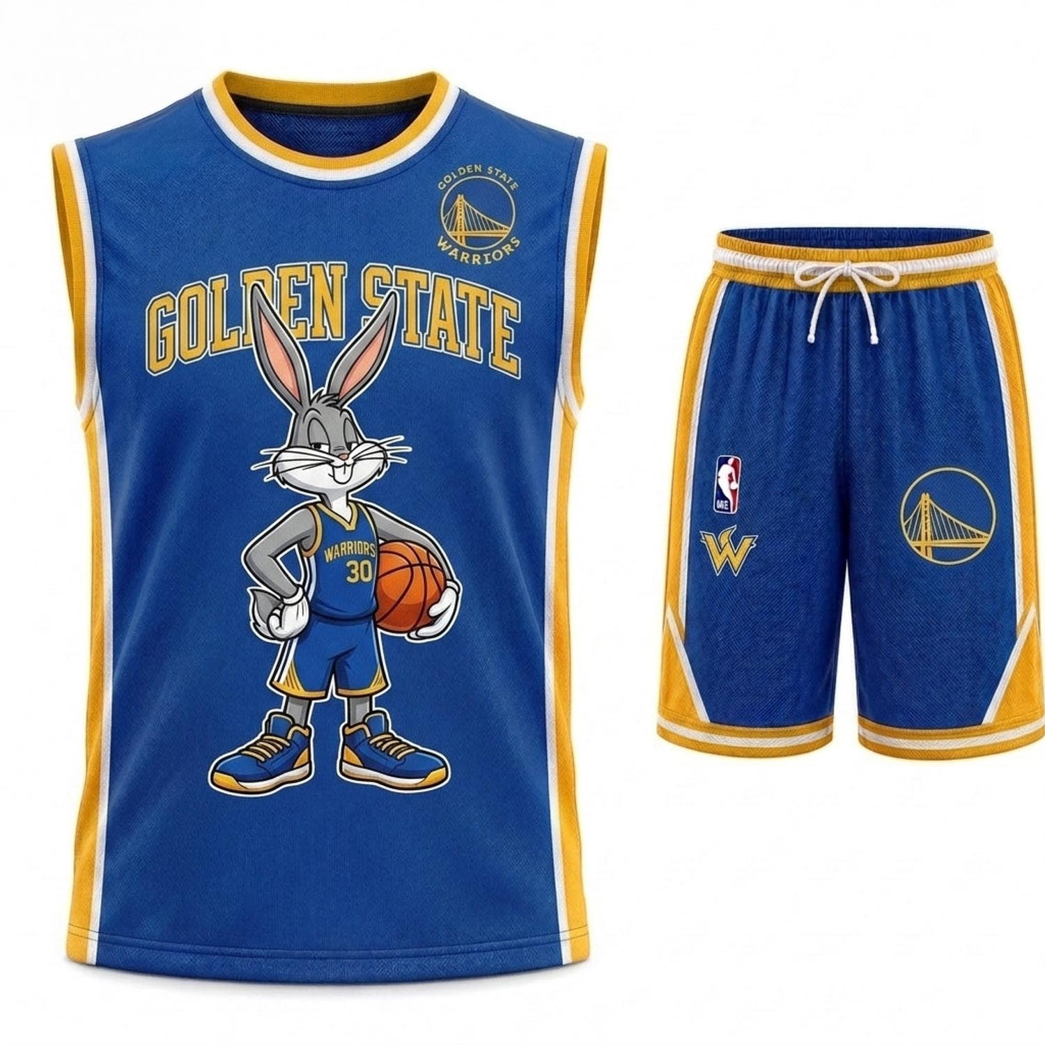 Golden State Warriors Bugs Bunny Blue Gold Basketball Jersey and Shorts Set Fan Apparel 1 - Unicasport Golden State Warriors Bugs Bunny Blue Gold Basketball Jersey and Shorts Set Fan Apparel
