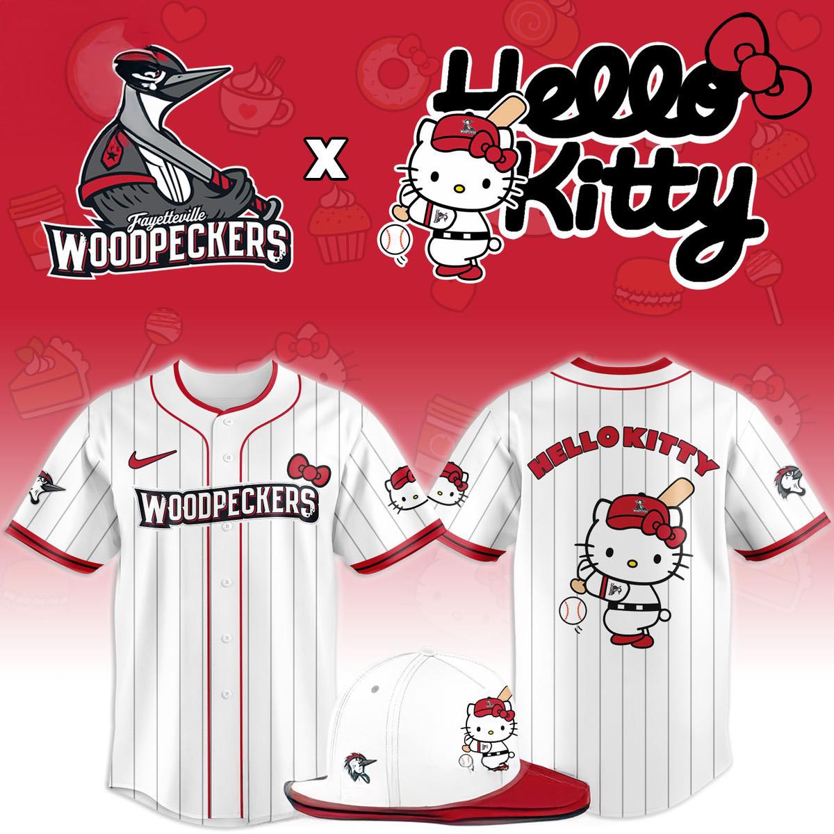 Fayetteville Woodpeckers Hello Kitty Classic Striped 2026 Night Baseball Jersey 1 - Unicasport Fayetteville Woodpeckers Hello Kitty Classic Striped 2026 Night Baseball Jersey