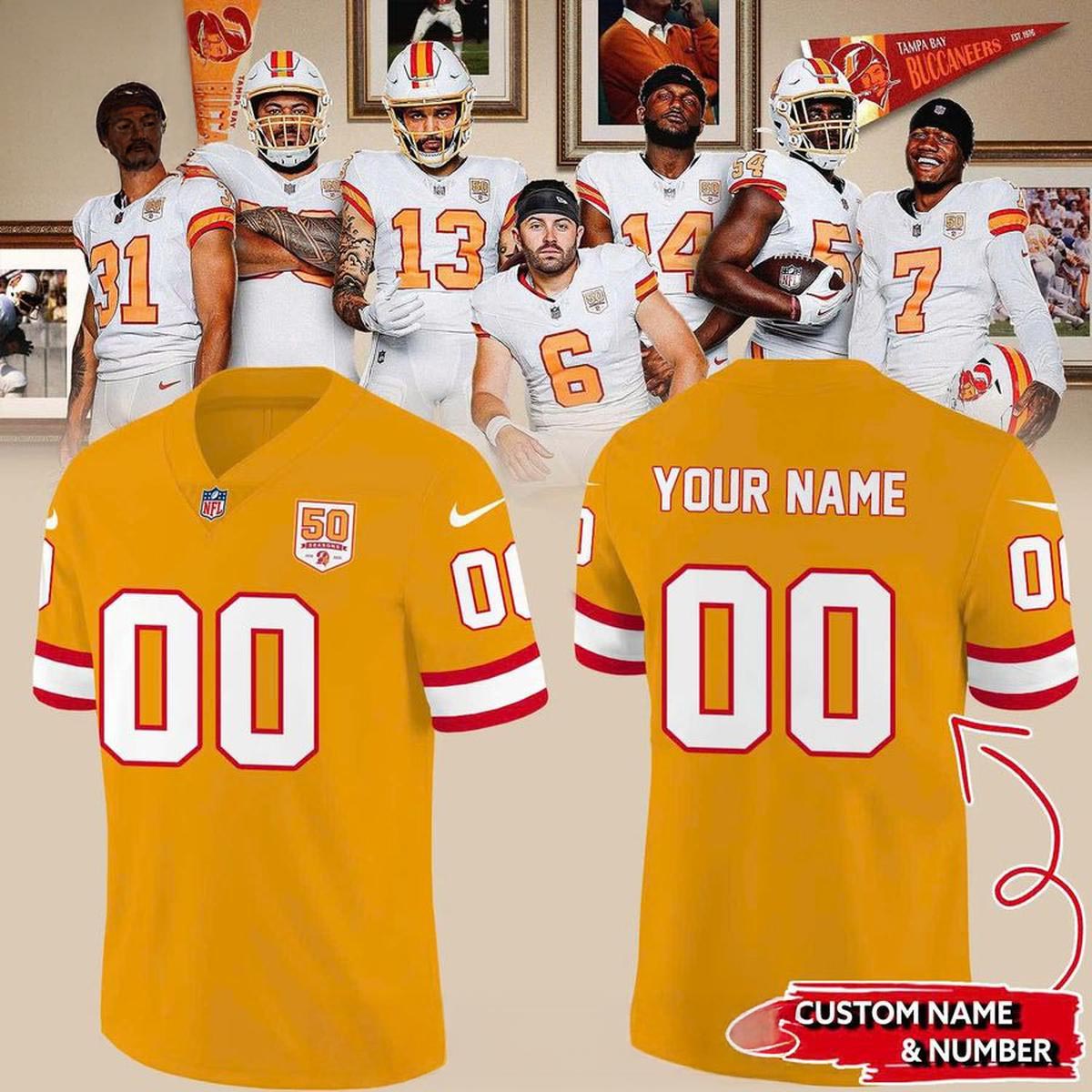 Tampa Bay Buccaneers 50th Anniversary 2026 Retro Orange Personalized Football Jersey NFL Vintage Style Custom Fan Apparel 1 - Unicasport Tampa Bay Buccaneers 50th Anniversary 2026 Retro Orange Personalized Football Jersey NFL Vintage Style Custom Fan Apparel