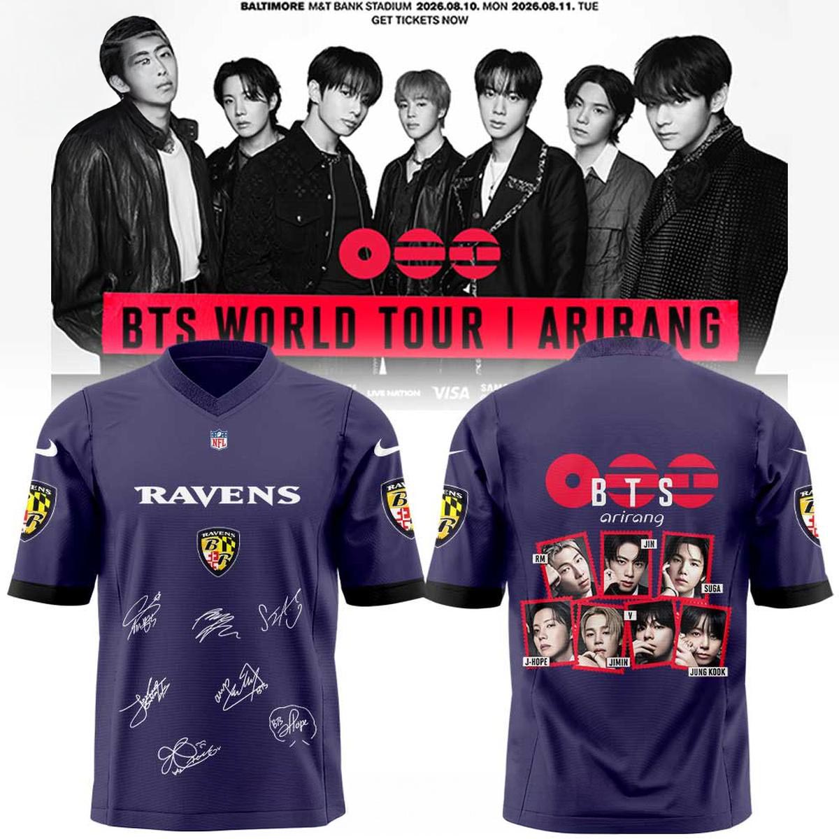 Baltimore Ravens x BTS 2026 Arirang World Tour Custom Football Jersey KPop Concert Football Fan Gift 1 - Unicasport Baltimore Ravens x BTS 2026 Arirang World Tour Custom Football Jersey KPop Concert Football Fan Gift