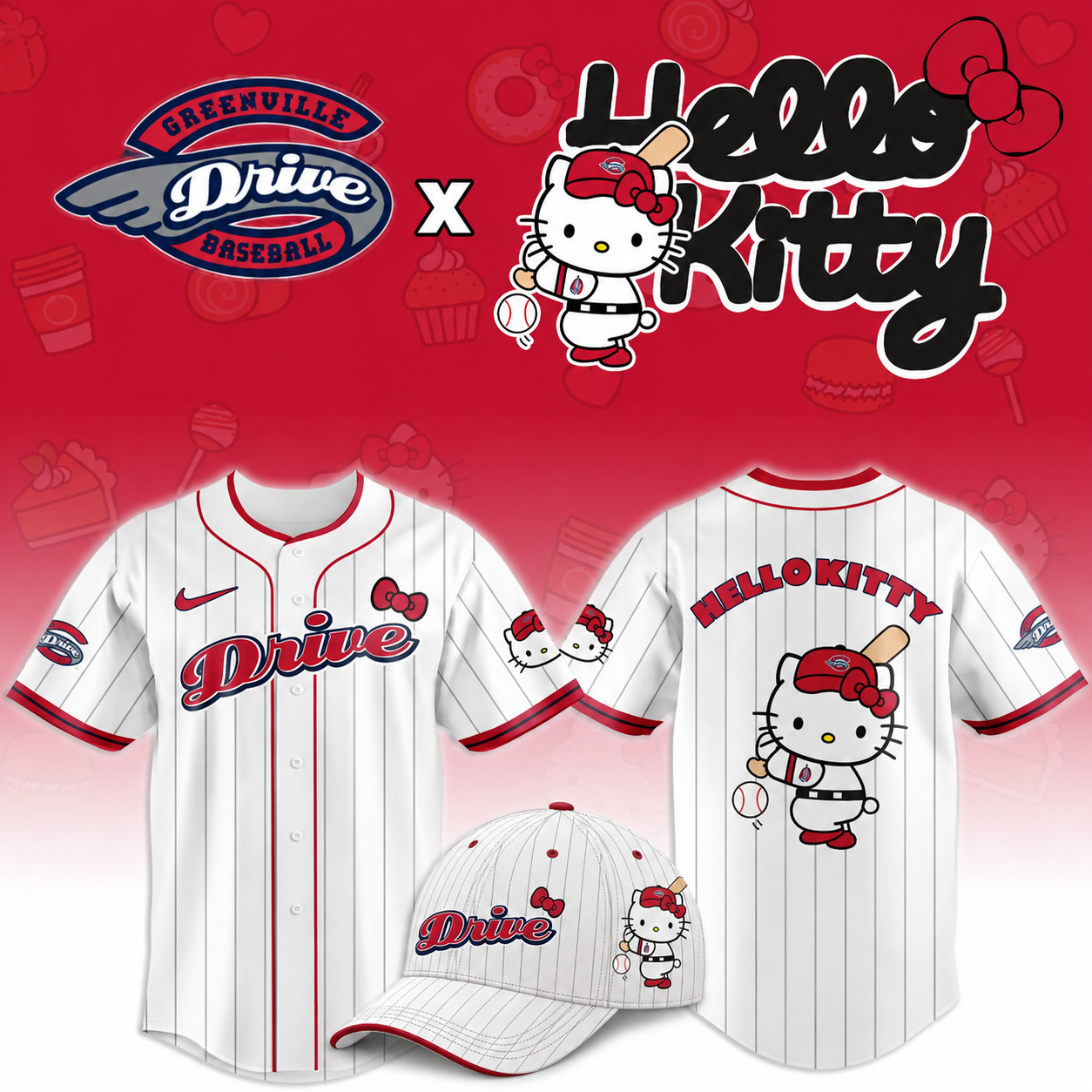 Greenville Drive x Hello Kitty Classic Striped 2026 Night MiLB Game Jersey 1 - Unicasport Greenville Drive x Hello Kitty Classic Striped 2026 Night MiLB Game Jersey