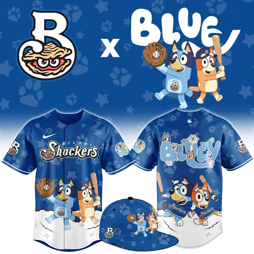Biloxi Shuckers x Bluey Night Limited Baseball Jersey MiLB Cartoon Theme Night Fan Sports Apparel 1 - Unicasport Biloxi Shuckers x Bluey Night Limited Baseball Jersey MiLB Cartoon Theme Night Fan Sports Apparel