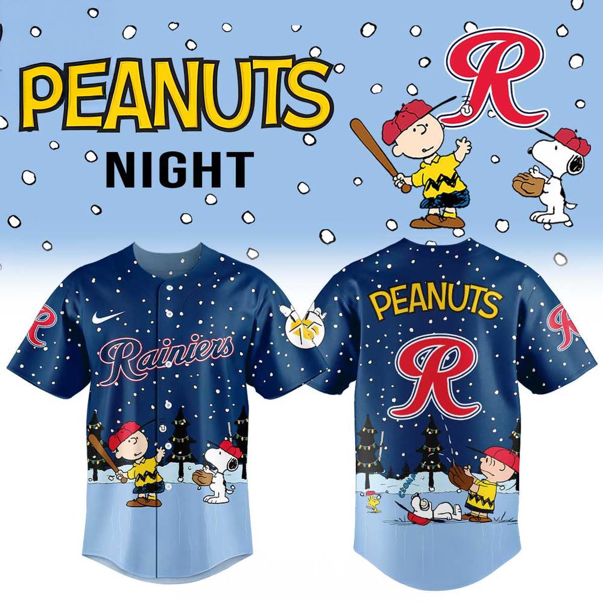 Tacoma Rainiers Peanuts Night 2026 Christmas Snowy Baseball Jersey Holiday Fan Apparel 1 - Unicasport Tacoma Rainiers Peanuts Night 2026 Christmas Snowy Baseball Jersey Holiday Fan Apparel