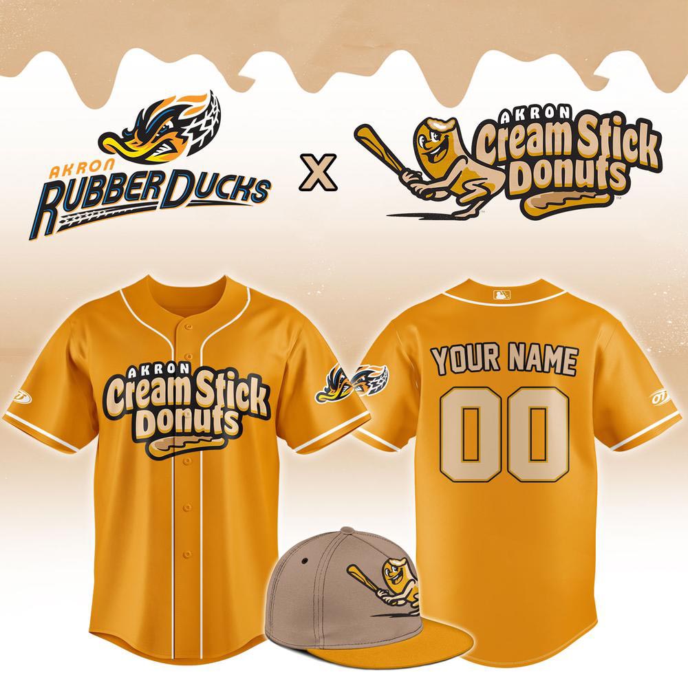 Akron RubberDucks x Akron Cream Stick Donuts 2026 Edition Baseball Jersey MiLB Theme Night Fan Game Day Apparel 1 - Unicasport Akron RubberDucks x Akron Cream Stick Donuts 2026 Edition Baseball Jersey MiLB Theme Night Fan Game Day Apparel