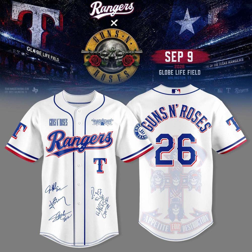 Guns N Roses x Texas Rangers 2026 Globe Life Field Baseball Jersey Fanwear Collection 1 - Unicasport Guns N Roses x Texas Rangers 2026 Globe Life Field Baseball Jersey Fanwear Collection