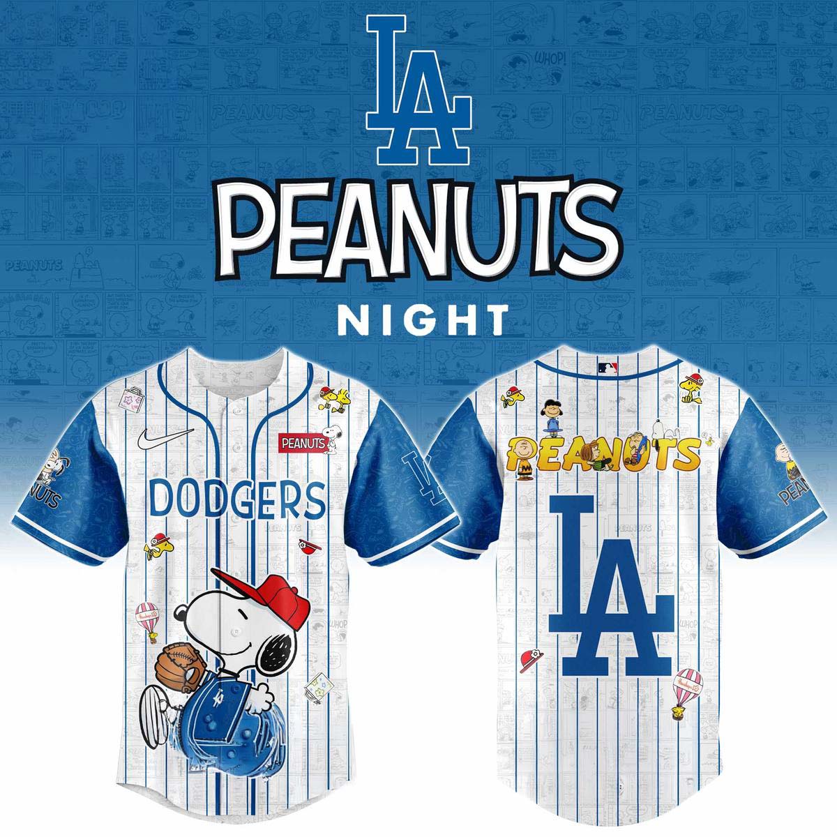 Los Angeles Dodgers x Peanuts Blue Comic Night Pinstripe Baseball Jersey - Best Gift for Fans