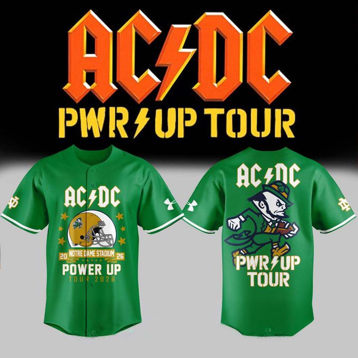 ACDC x Notre Dame Fighting Irish Power Up Tour 2026 Baseball Jersey - Best Gift for Fans