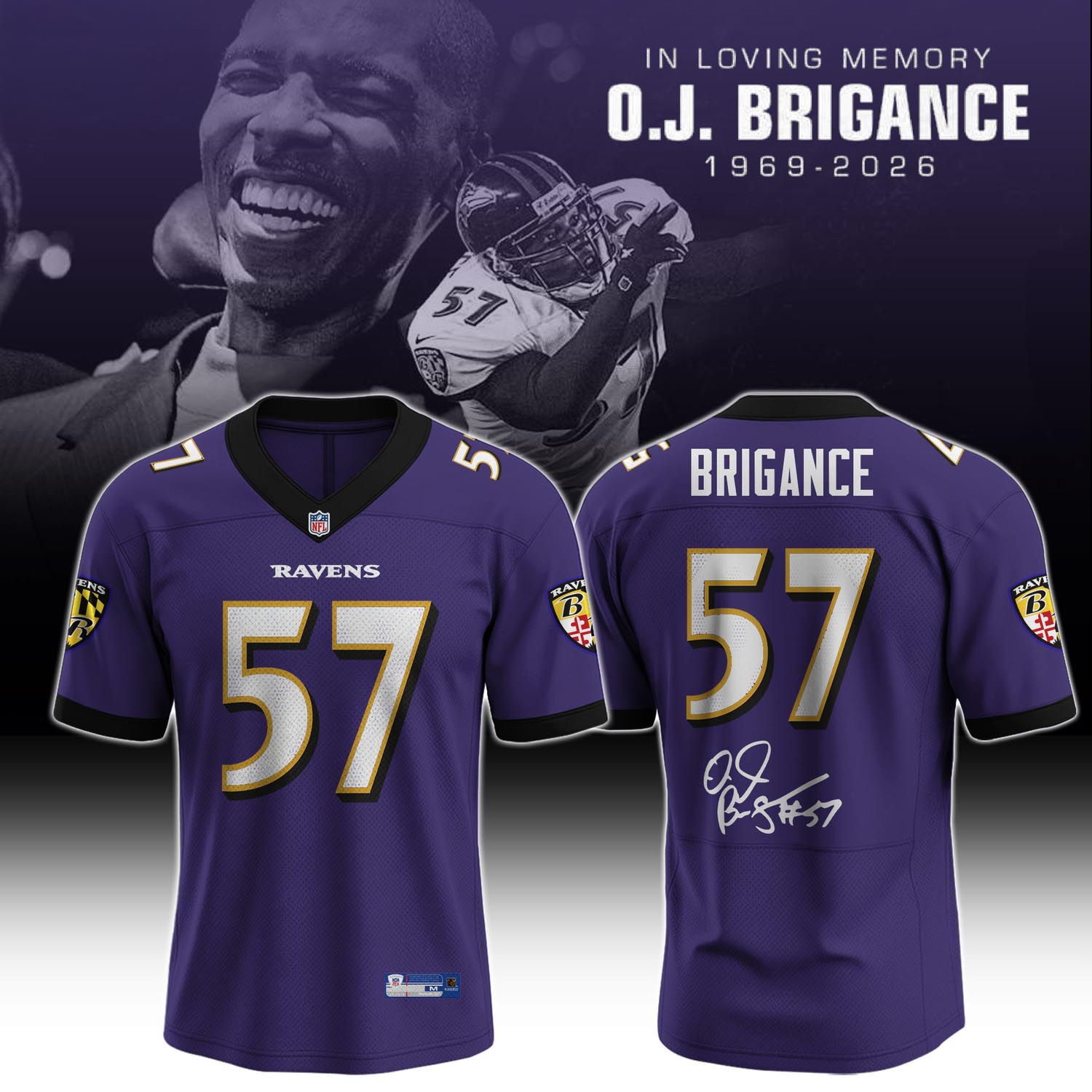 OJ Brigance 57 In Loving Memory Purple Memorial Football Jersey Tribute Fan Apparel 1 - Unicasport OJ Brigance 57 In Loving Memory Purple Memorial Football Jersey Tribute Fan Apparel