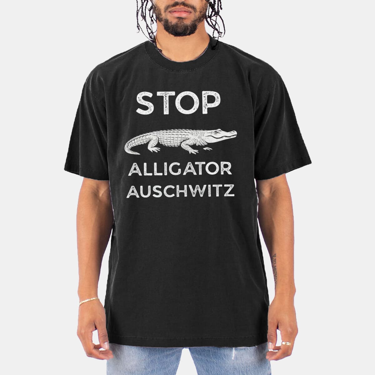 Stop Alligator Auschwitz Political Awareness Graphic Tee Bold Protest Statement Shirt Gift for Activists