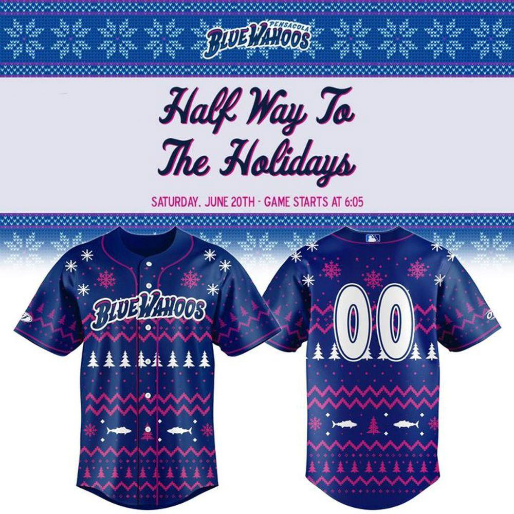 Pensacola Blue Wahoos Halfway to the Holidays 2026 Baseball Jersey Apparel 1 - Unicasport Pensacola Blue Wahoos Halfway to the Holidays 2026 Baseball Jersey Apparel