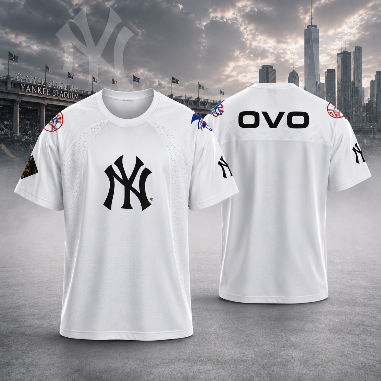 New York Yankees OVO MLB White Mesh Jersey TShirt Baseball Fan Apparel 1 - Unicasport New York Yankees OVO MLB White Mesh Jersey TShirt Baseball Fan Apparel