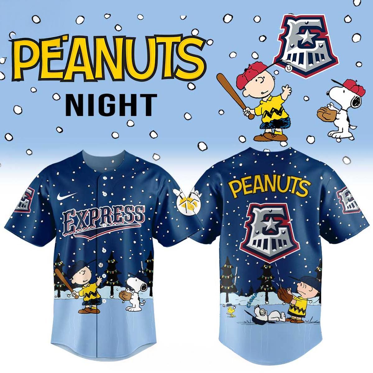 Round Rock Express Peanuts Night 2026 Christmas Snowy Baseball Jersey Holiday Fan Apparel 1 - Unicasport Round Rock Express Peanuts Night 2026 Christmas Snowy Baseball Jersey Holiday Fan Apparel