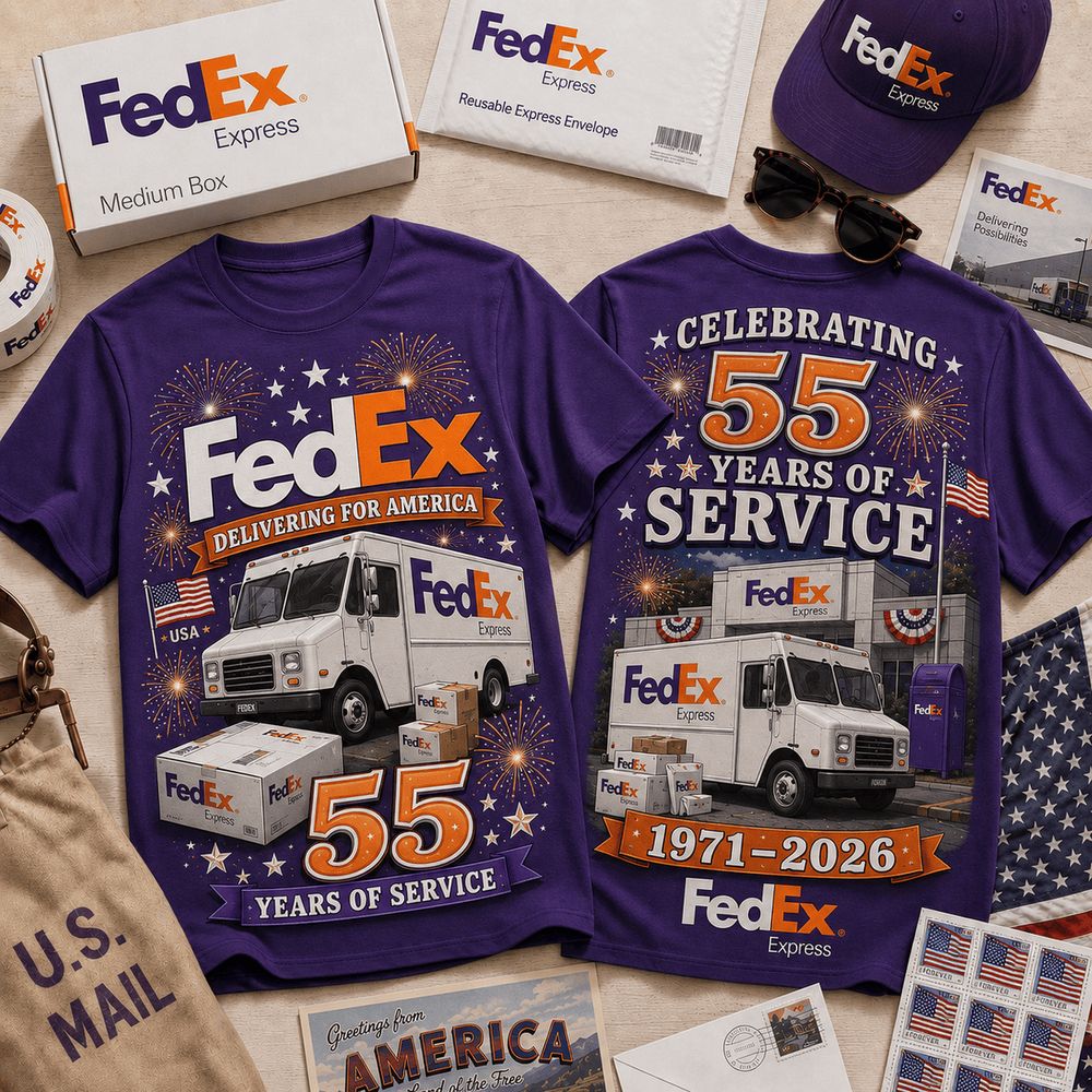 FedEx 55 Years of Service Truck and Fireworks Special Graphic T-Shirt - Gift Idea for Delivery Drivers
