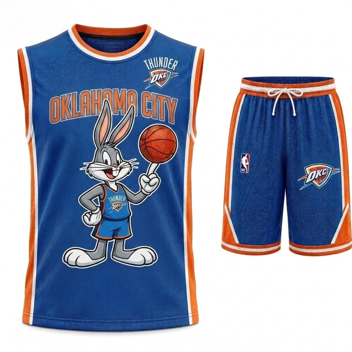 Oklahoma City Thunder Bugs Bunny Blue Orange Basketball Jersey and Shorts Set Fan Apparel 2 - Unicasport Oklahoma City Thunder Bugs Bunny Blue Orange Basketball Jersey and Shorts Set Fan Apparel