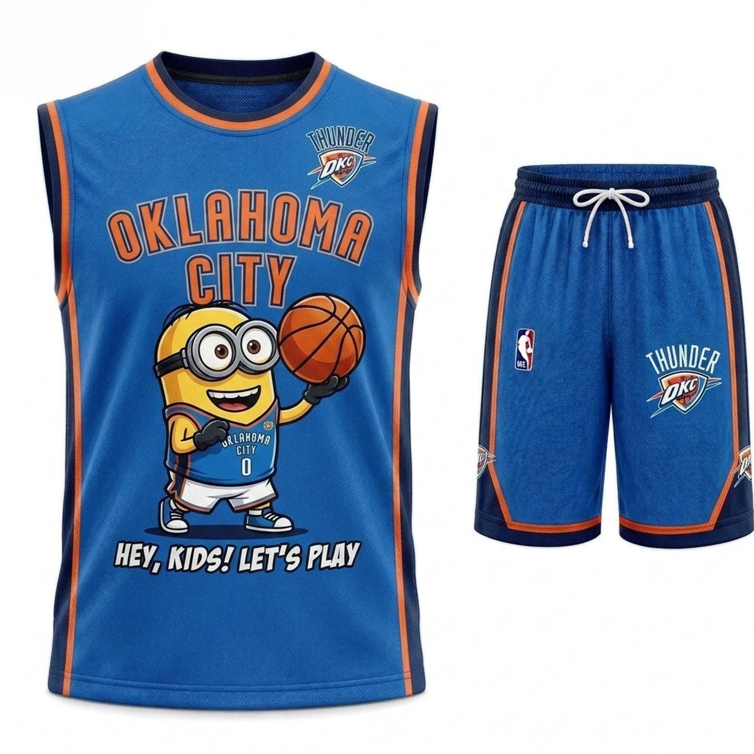Oklahoma City Thunder Minions Blue Orange Basketball Jersey and Shorts Set Fan Apparel 1 - Unicasport Oklahoma City Thunder Minions Blue Orange Basketball Jersey and Shorts Set Fan Apparel