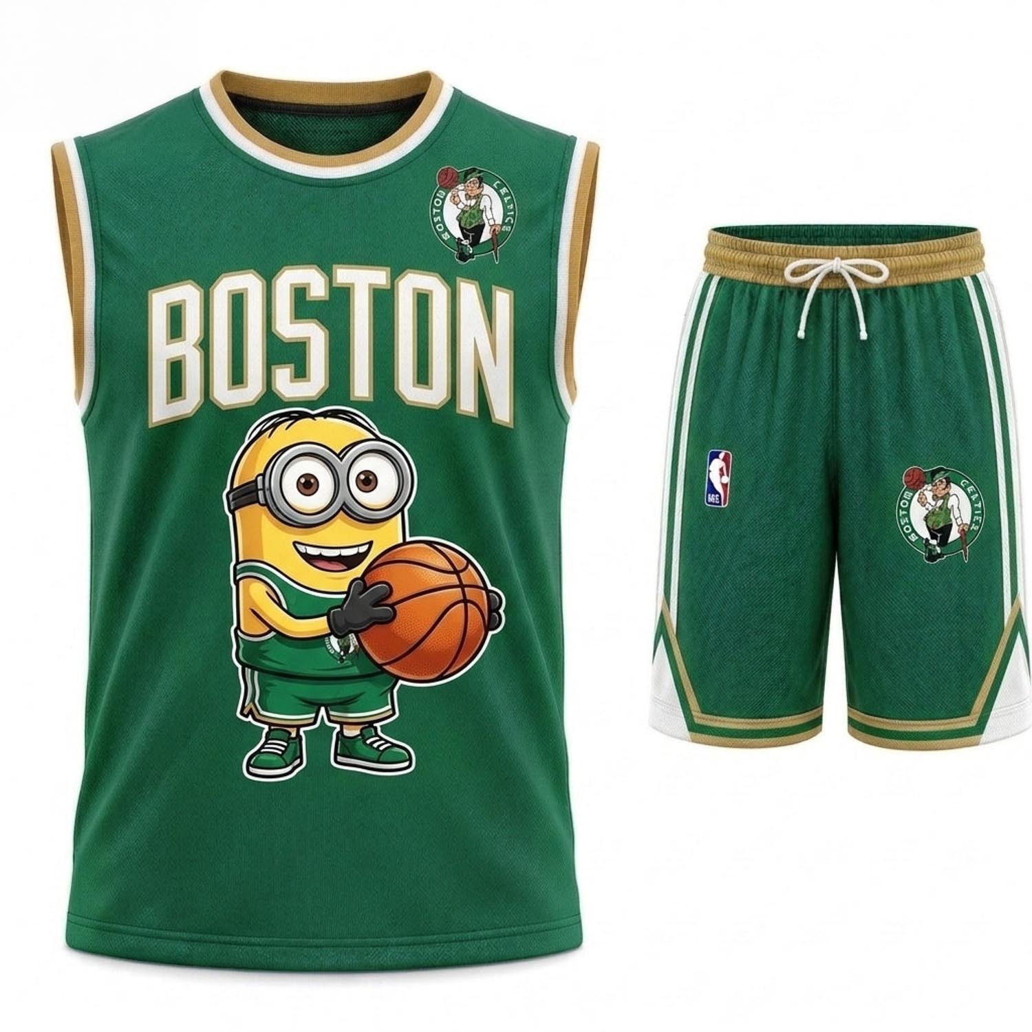 Boston Celtics Minions Green Basketball Jersey and Shorts Set Fan Apparel 1 - Unicasport Boston Celtics Minions Green Basketball Jersey and Shorts Set Fan Apparel