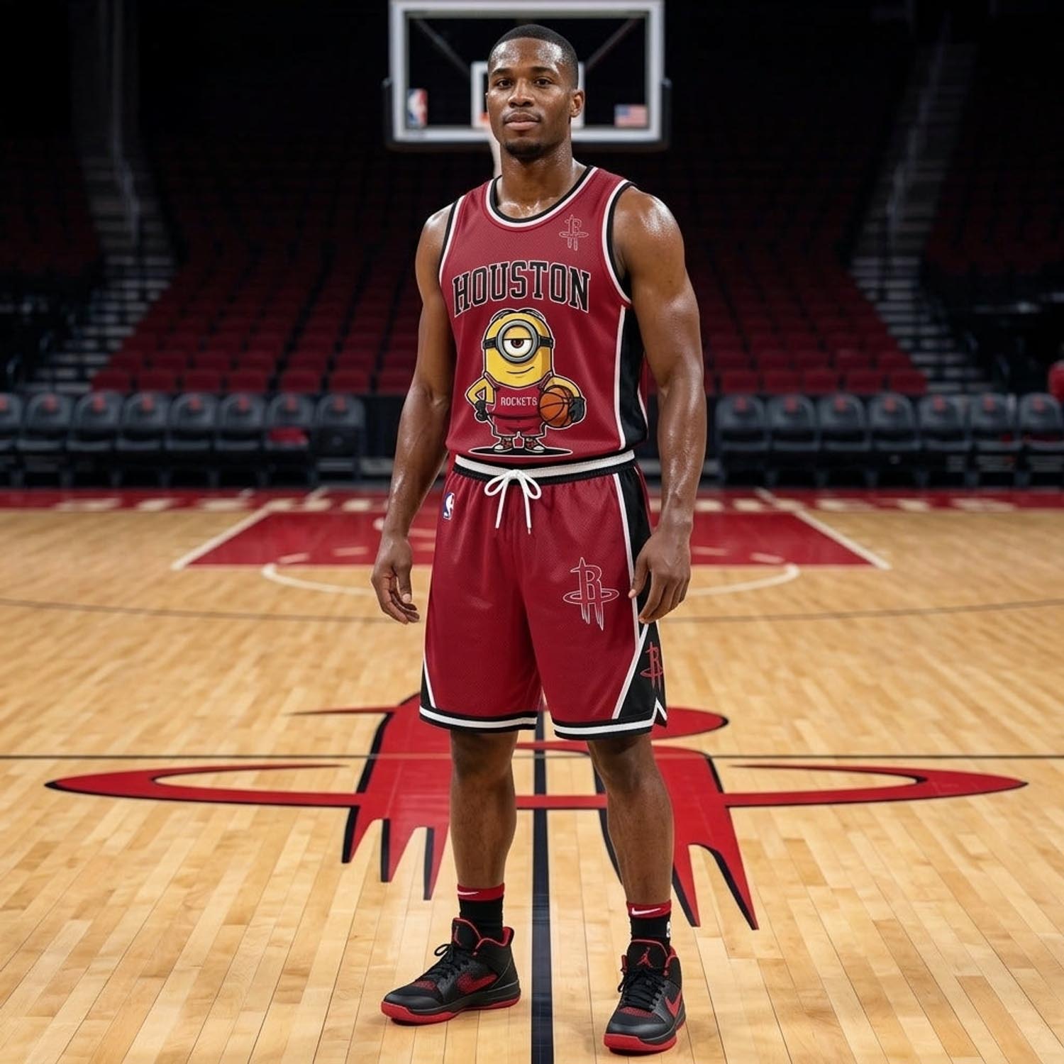 Houston Rockets Minions Red Black Basketball Jersey and Shorts Set Fan Apparel 1 - Unicasport Houston Rockets Minions Red Black Basketball Jersey and Shorts Set Fan Apparel