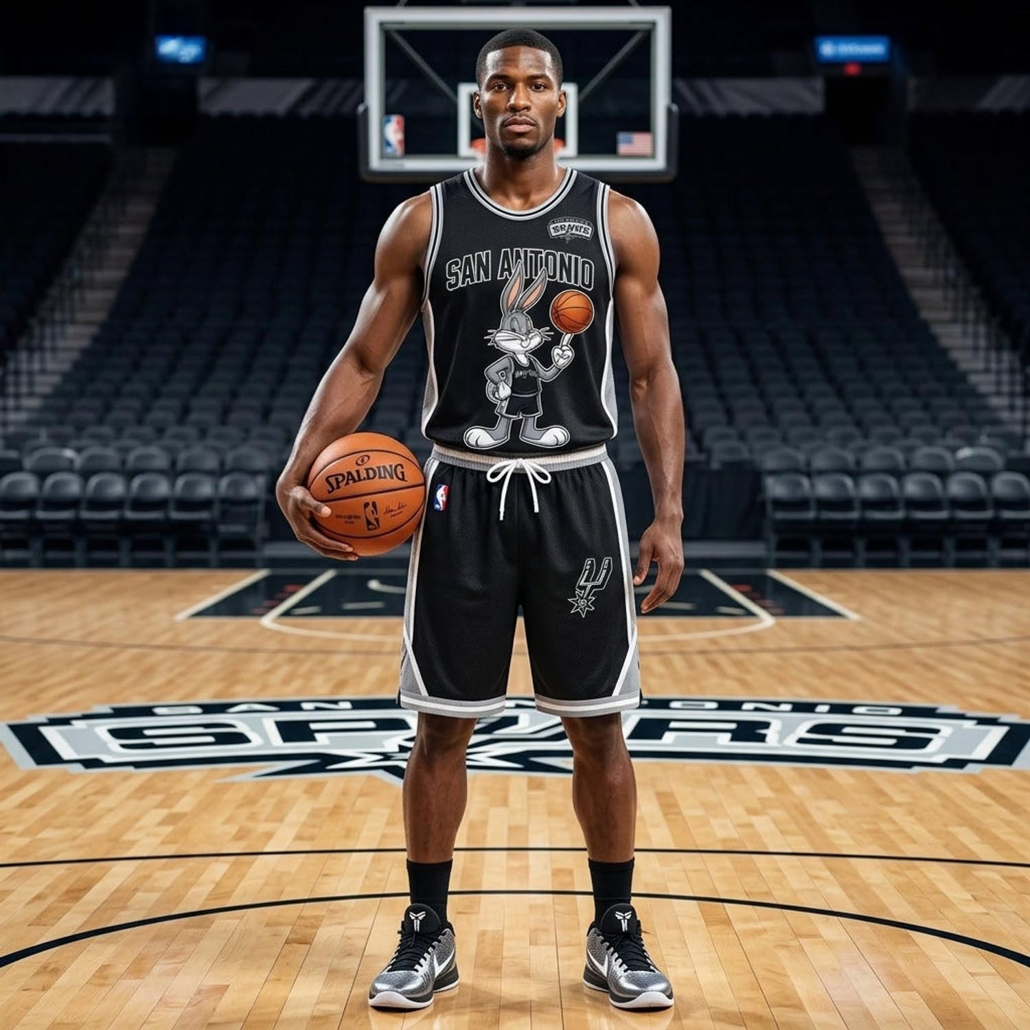 San Antonio Spurs Bugs Bunny Black Silver Basketball Jersey and Shorts Set Fan Apparel 1 - Unicasport San Antonio Spurs Bugs Bunny Black Silver Basketball Jersey and Shorts Set Fan Apparel