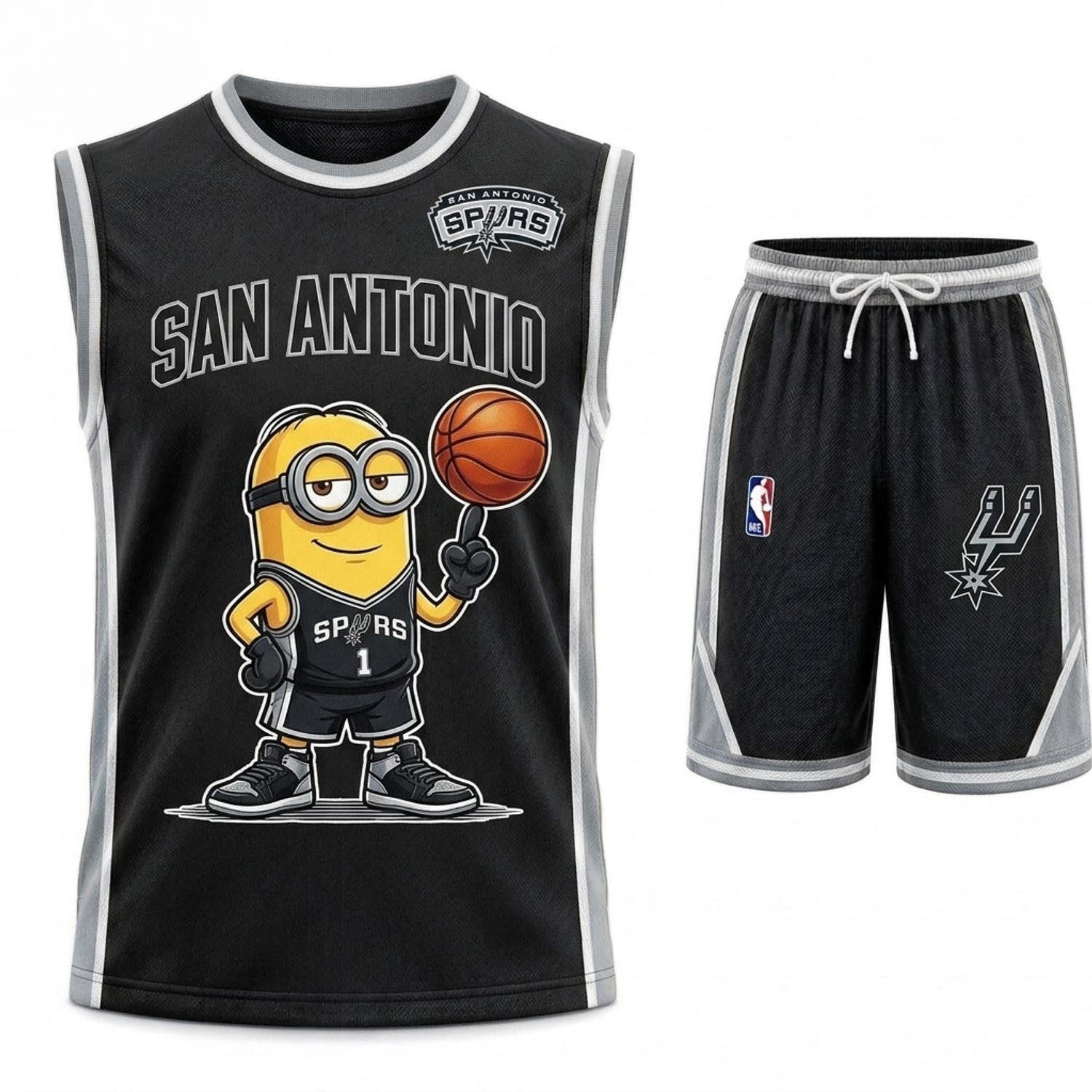San Antonio Spurs Minions Black Silver Basketball Jersey and Shorts Set Fan Apparel 1 - Unicasport San Antonio Spurs Minions Black Silver Basketball Jersey and Shorts Set Fan Apparel