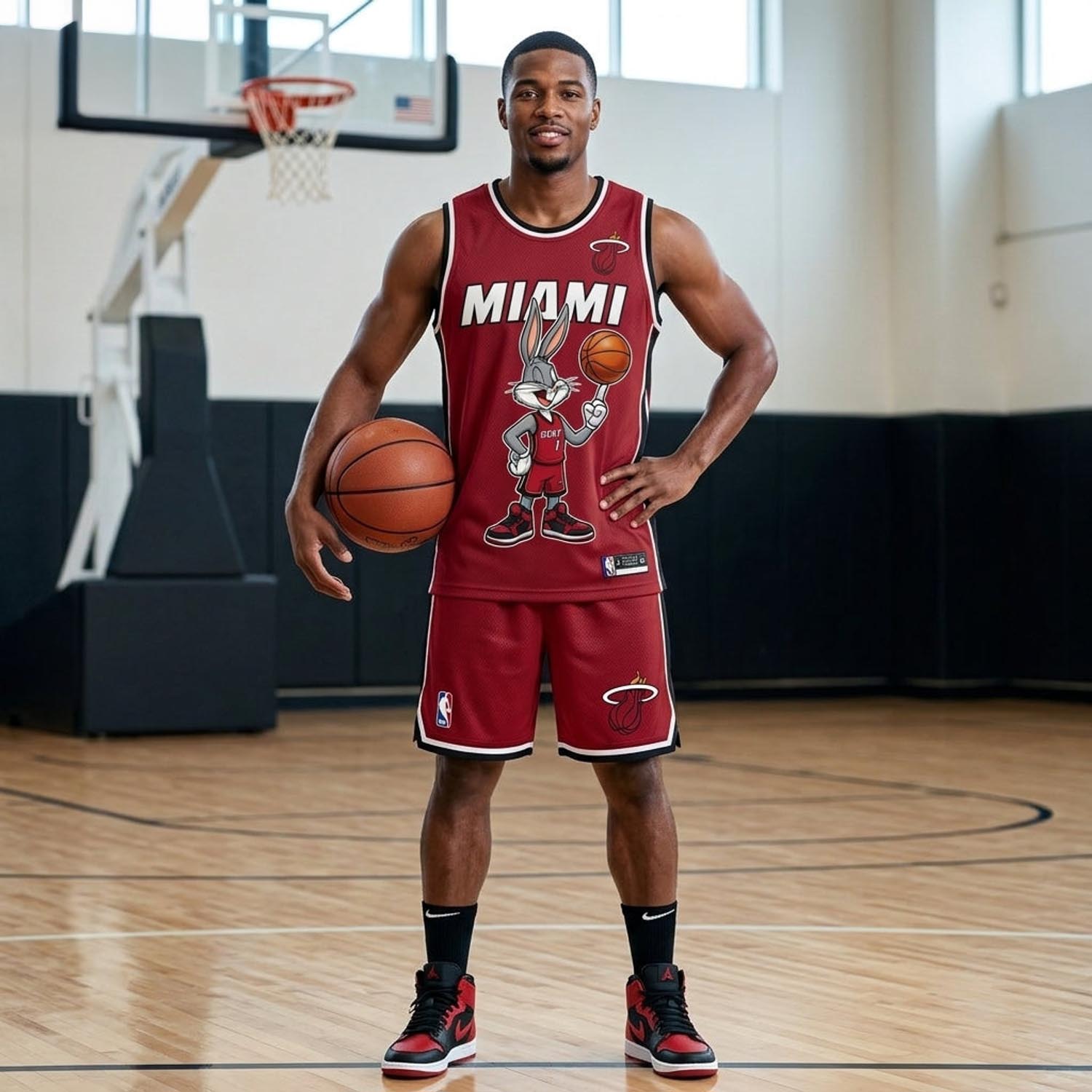 Miami Heat Bugs Bunny Red Black Basketball Jersey and Shorts Set Fan Apparel 1 - Unicasport Miami Heat Bugs Bunny Red Black Basketball Jersey and Shorts Set Fan Apparel