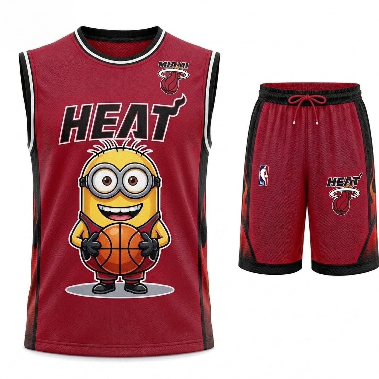 Miami Heat Minions Red Black Basketball Jersey and Shorts Set Fan Apparel 1 - Unicasport Miami Heat Minions Red Black Basketball Jersey and Shorts Set Fan Apparel