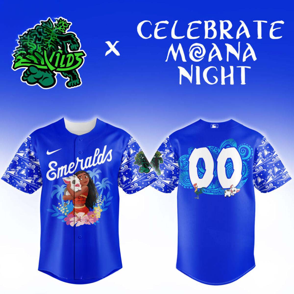 Disney Celebrate Moana Night Eugene Emeralds Blue Baseball Jersey