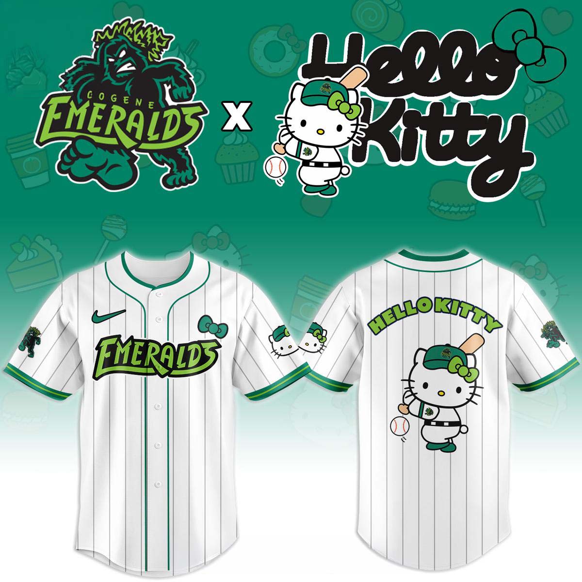 Eugene Emeralds Hello Kitty 2026 Striped Baseball Jersey Ballpark Collection 1 - Unicasport Eugene Emeralds Hello Kitty 2026 Striped Baseball Jersey Ballpark Collection