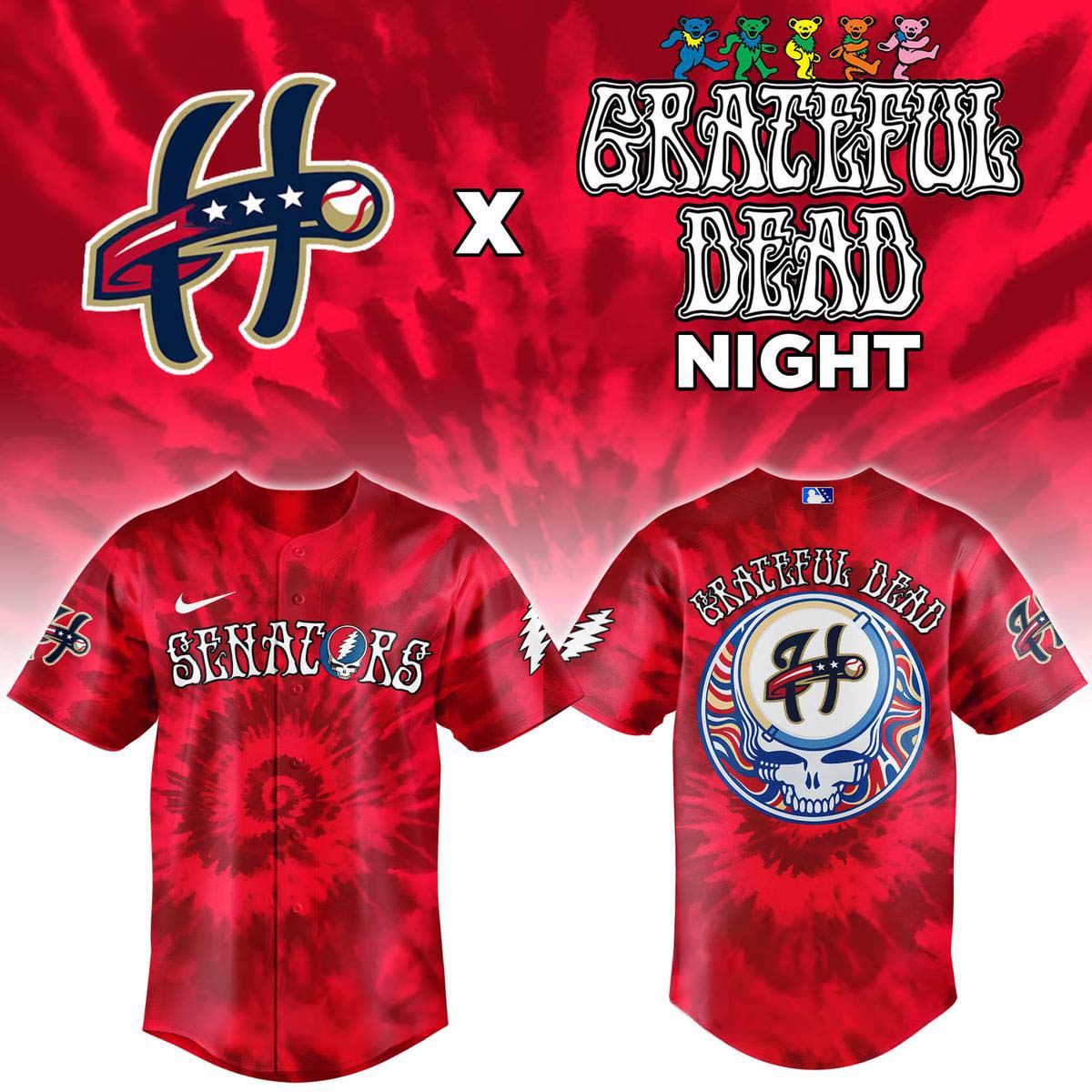 Harrisburg Senators Grateful Dead Night Red Baseball Jersey