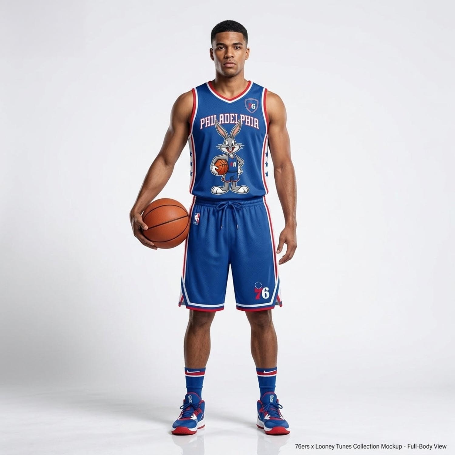 Philadelphia 76ers Bugs Bunny Blue Red Basketball Jersey and Shorts Set Fan Apparel 2 - Unicasport Philadelphia 76ers Bugs Bunny Blue Red Basketball Jersey and Shorts Set Fan Apparel