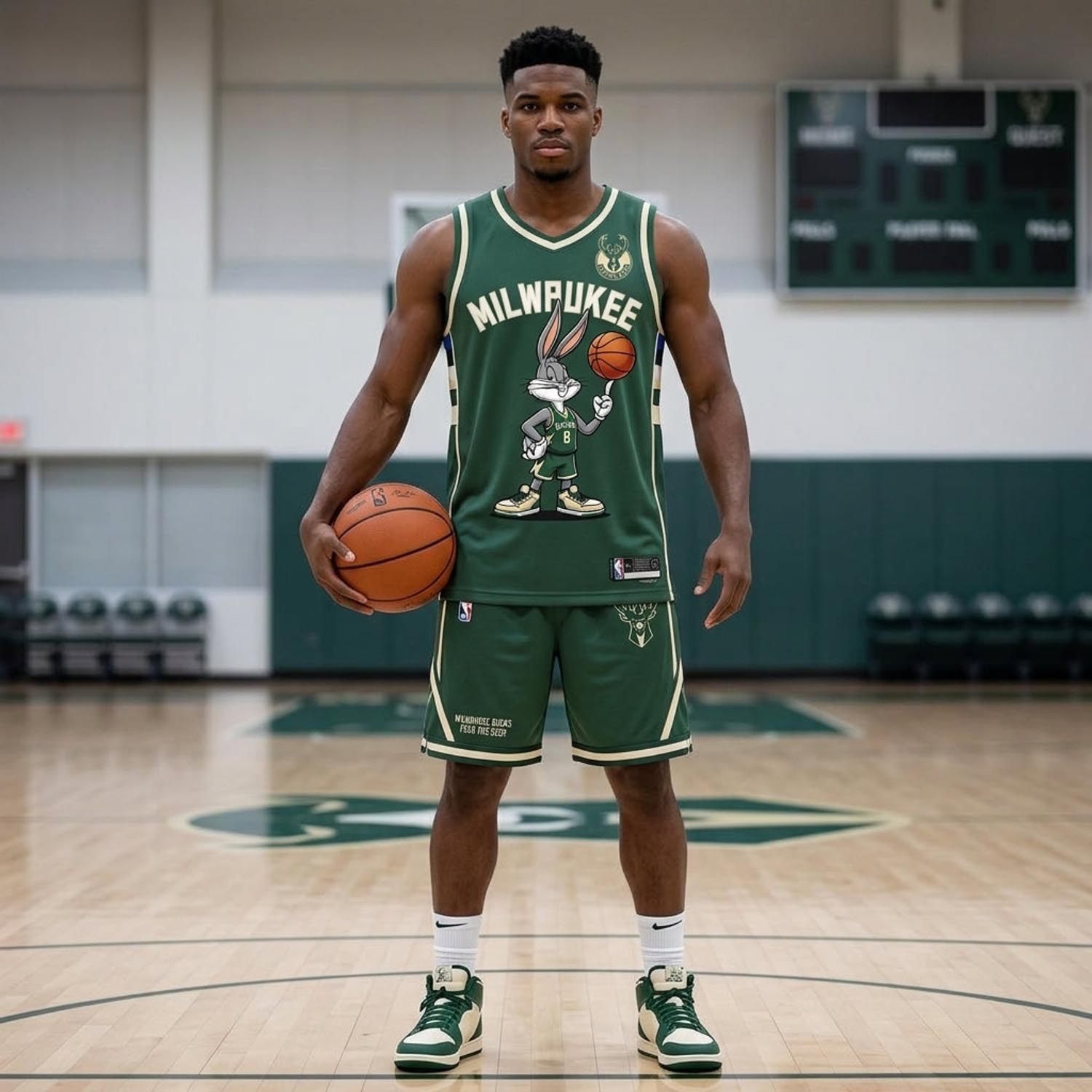 Milwaukee Bucks Bugs Bunny Green Cream Basketball Jersey and Shorts Set Fan Apparel 1 - Unicasport Milwaukee Bucks Bugs Bunny Green Cream Basketball Jersey and Shorts Set Fan Apparel