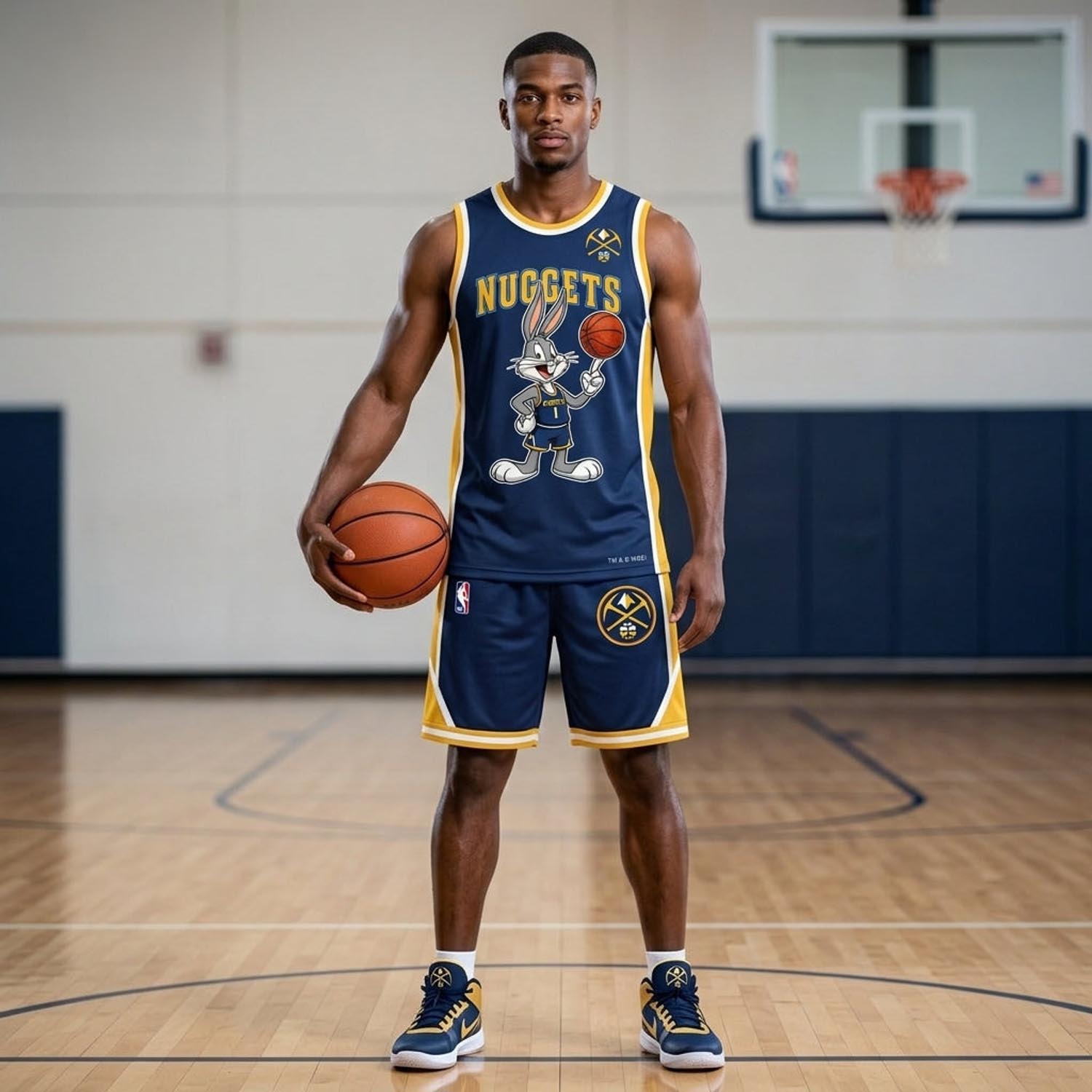 Denver Nuggets Bugs Bunny Navy Gold Basketball Jersey and Shorts Set Fan Apparel 1 - Unicasport Denver Nuggets Bugs Bunny Navy Gold Basketball Jersey and Shorts Set Fan Apparel